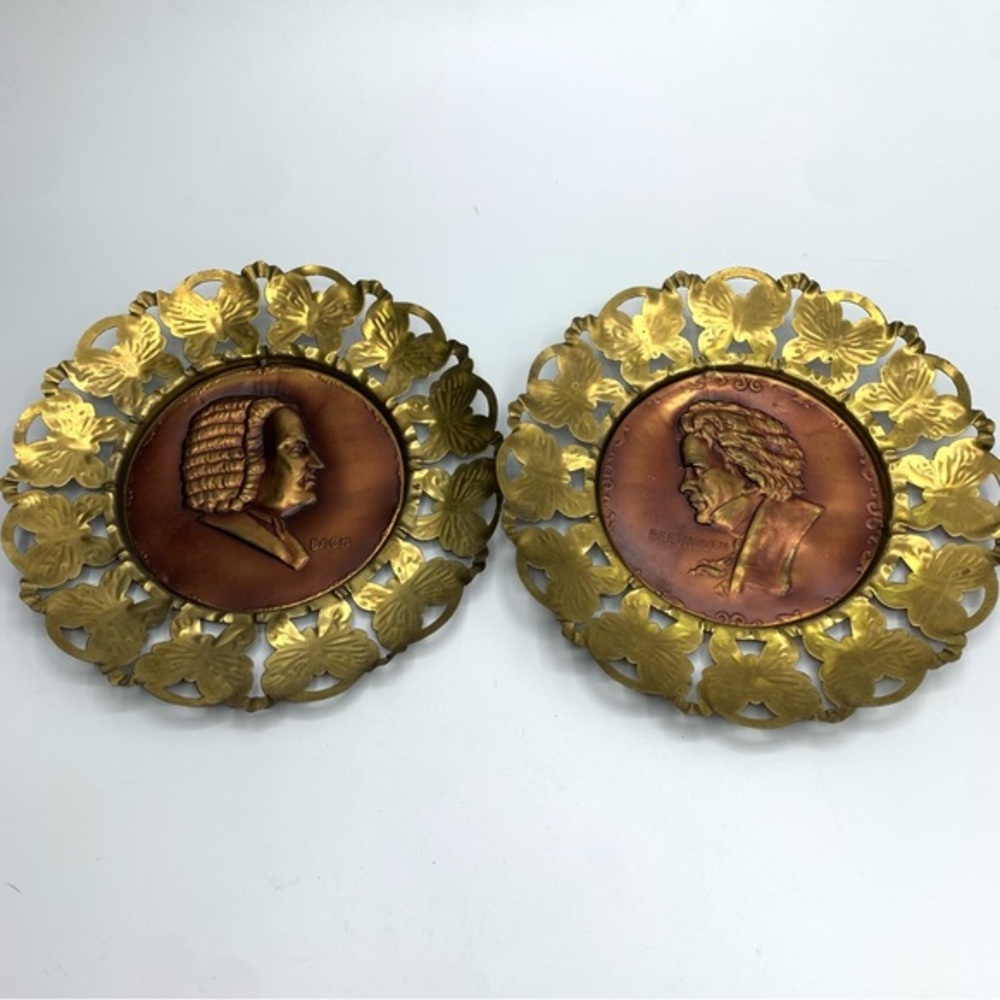 Vintage Set Of Metal Brass Wall Hanging Plaques Plates  Beethoven & Bach 6”